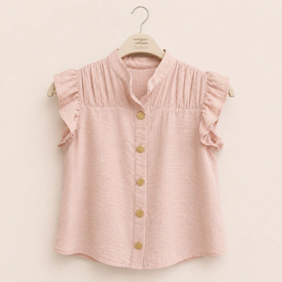 Pleated Yoke Ruffle Sleeve Blouse