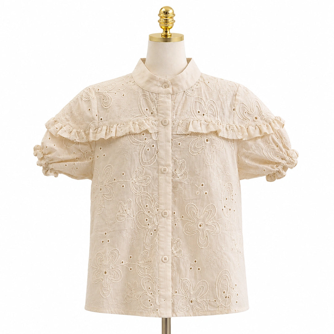Embroidered Ruffle Detail Puff Sleeve Blouse