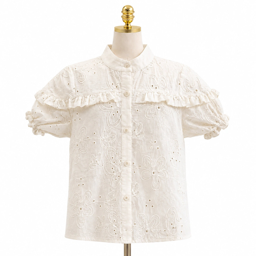 Embroidered Ruffle Detail Puff Sleeve Blouse
