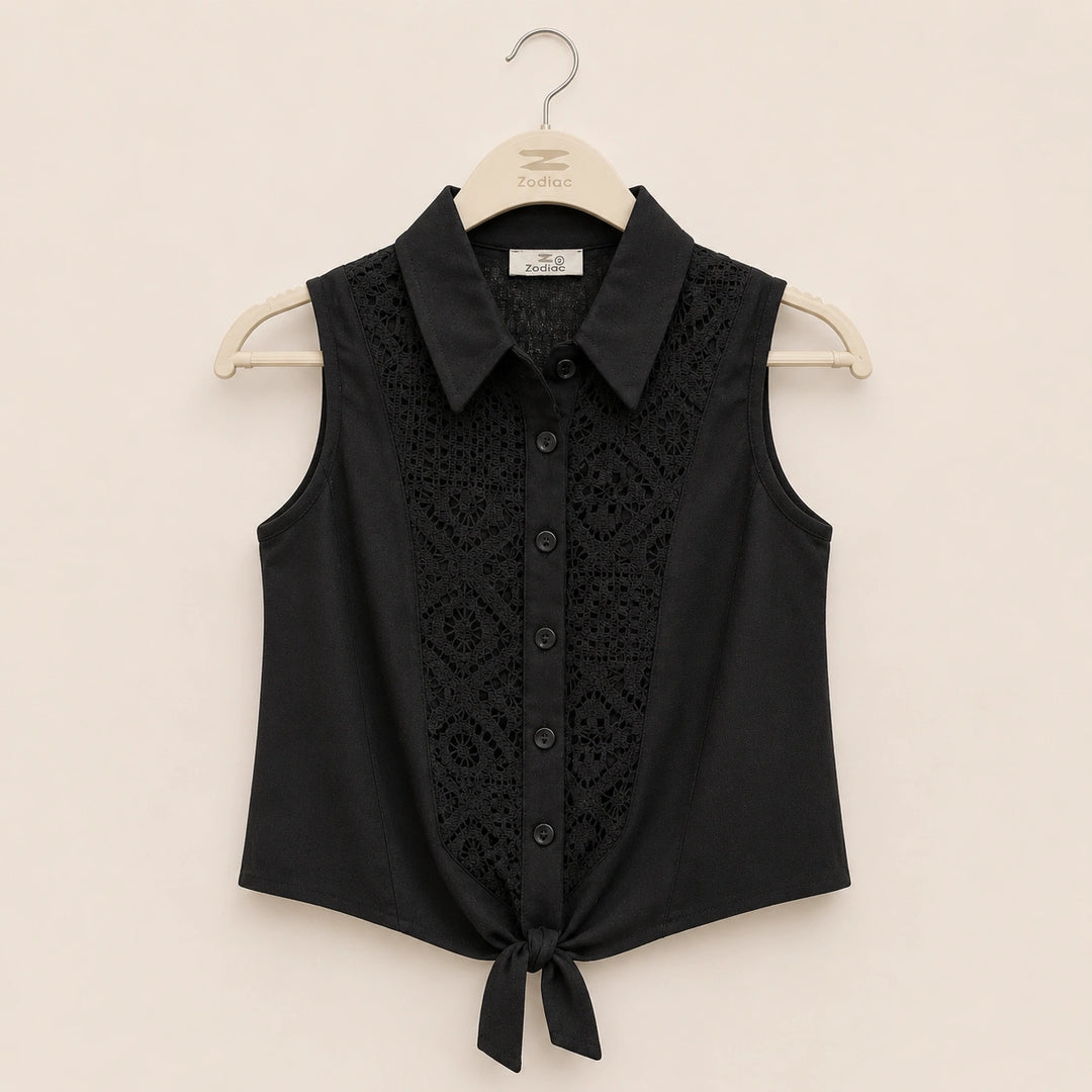 Sleeveless Linen Lace Panel Tie Front Blouse
