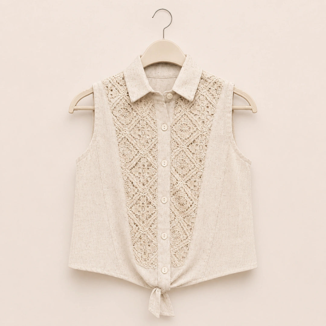 Sleeveless Linen Lace Panel Tie Front Blouse