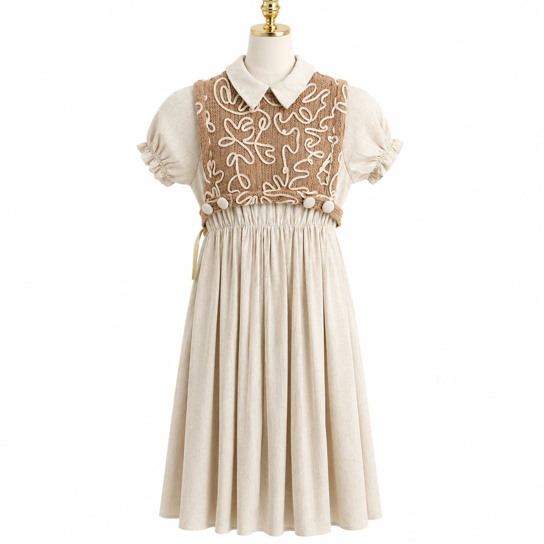 Girls Linen Dress with Decorative Vest Set