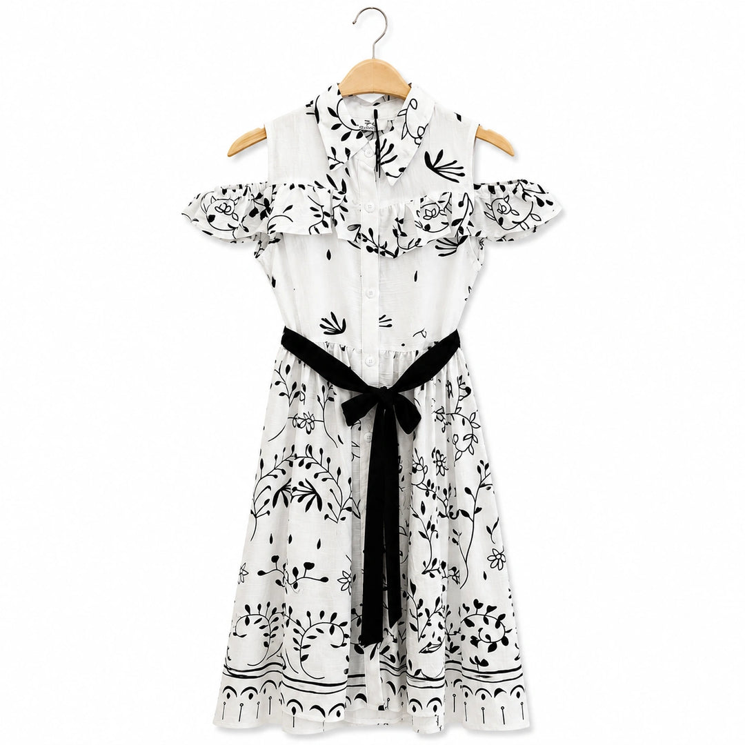 Off Shoulder Printed Dress with Waist Tie