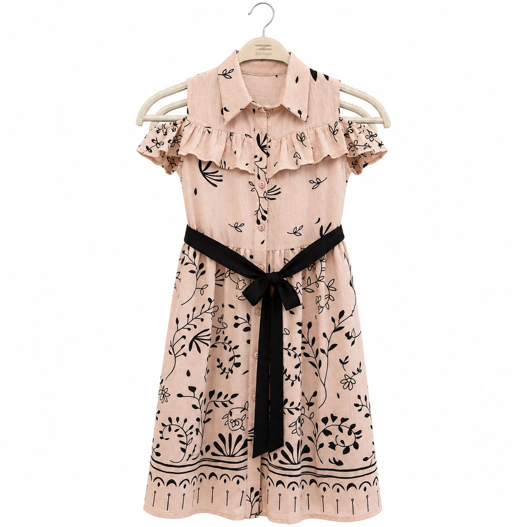 Off Shoulder Printed Dress with Waist Tie