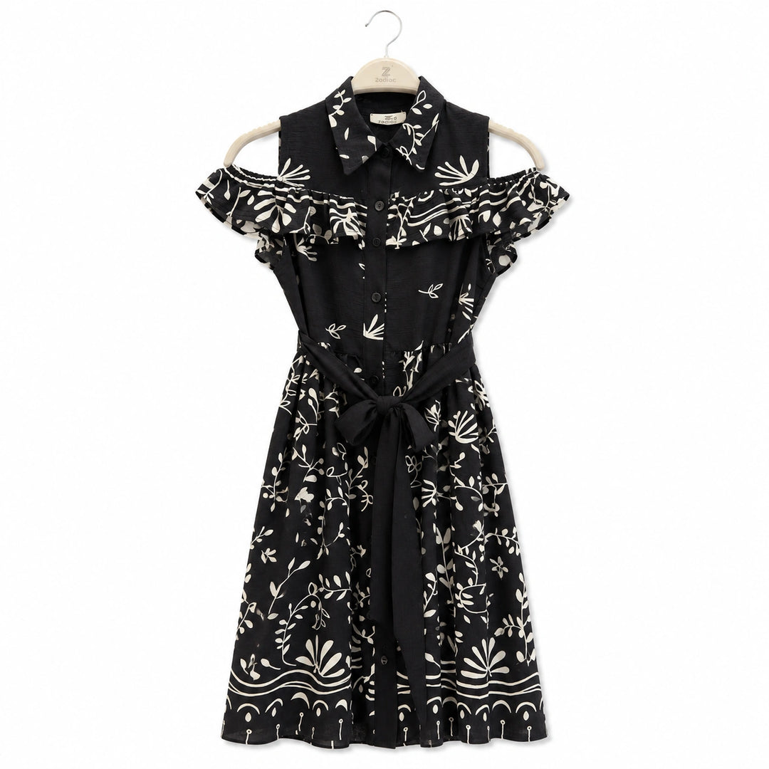 Off Shoulder Printed Dress with Waist Tie