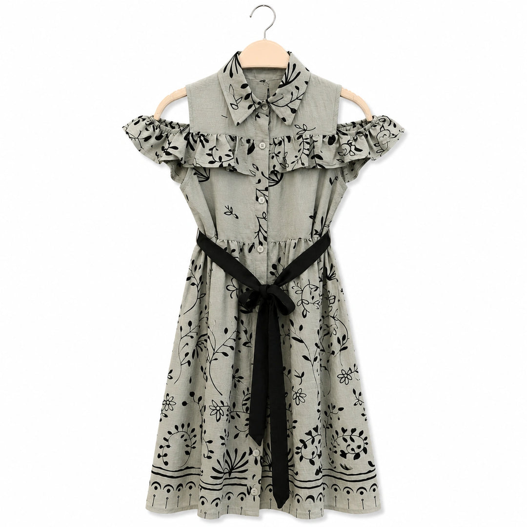 Off Shoulder Printed Dress with Waist Tie