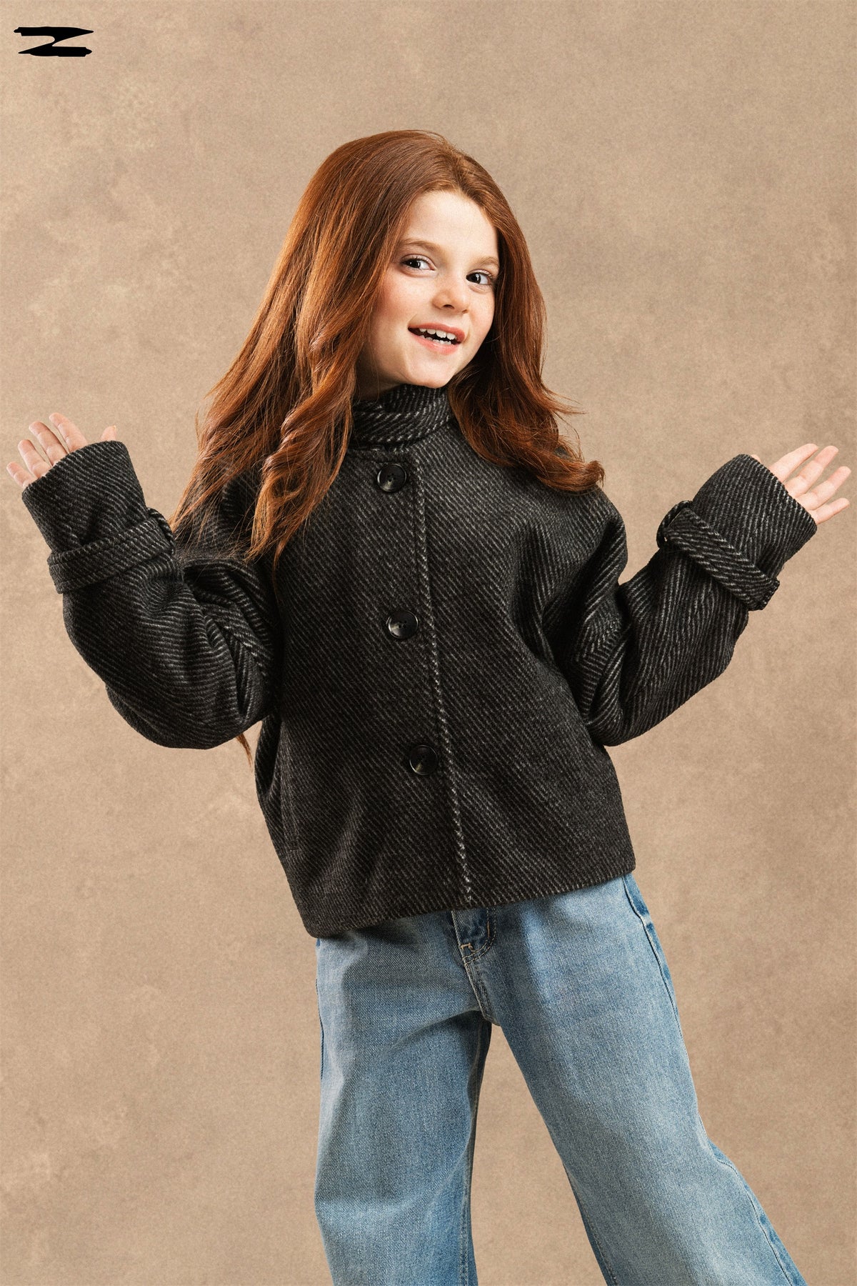 Girls Twill Stand Collar Button Jacket