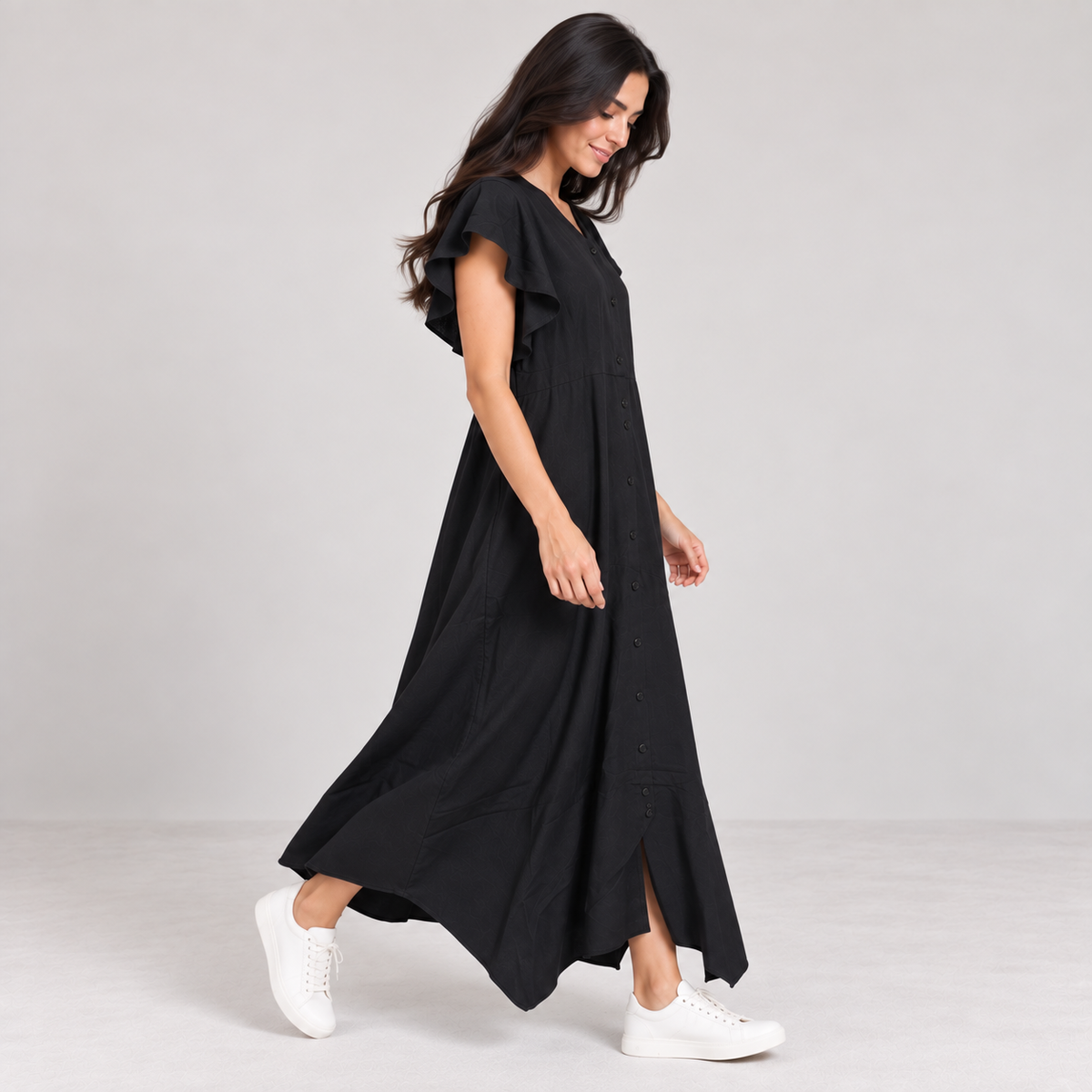 Women Button-Front Flutter Sleeve Midi Dress