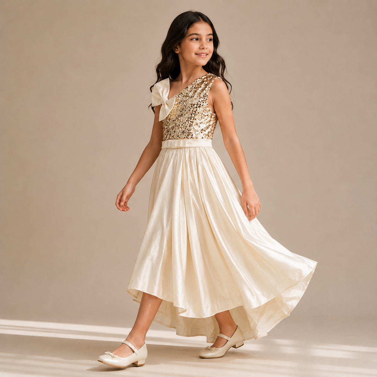 Girls One-Shoulder Sequin Bow Soiree Dress