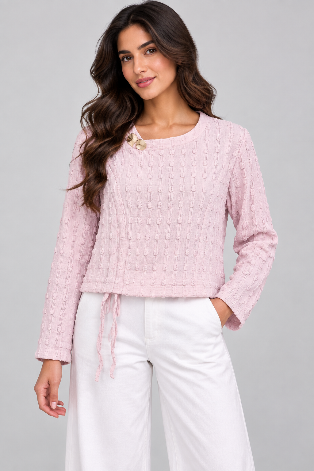 Women Textured Long-Sleeve Top with Side Tie