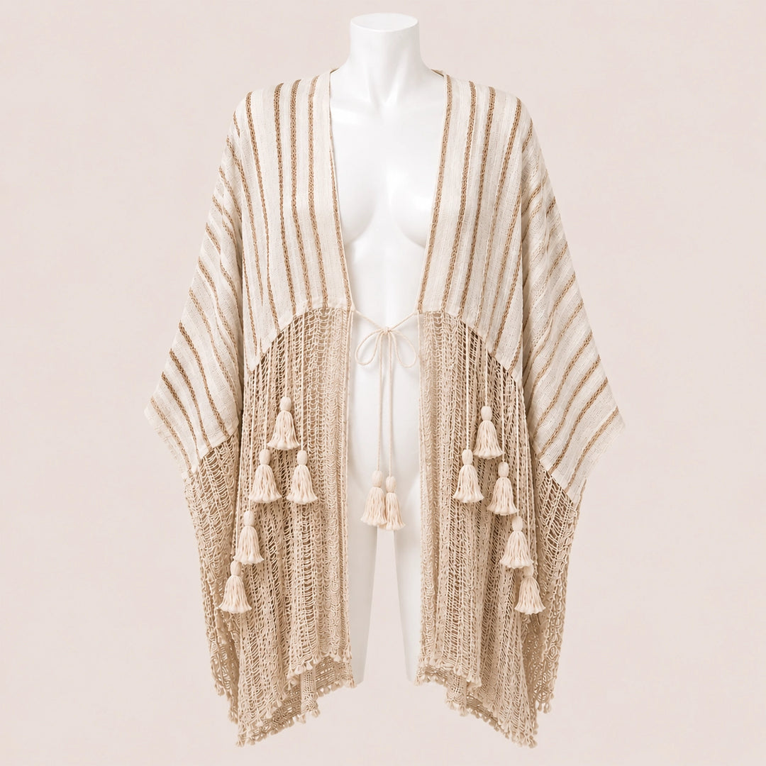 Women Striped Tassel Poncho