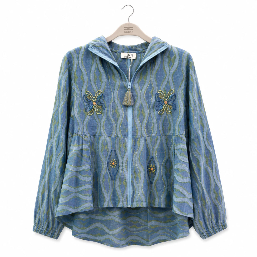 Embroidered Hooded Zip Blouse