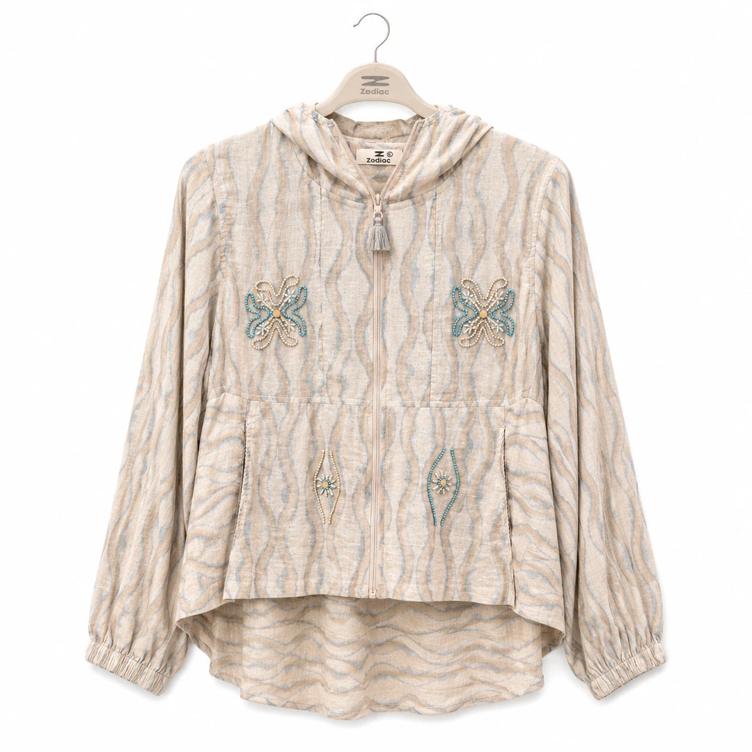 Embroidered Hooded Zip Blouse