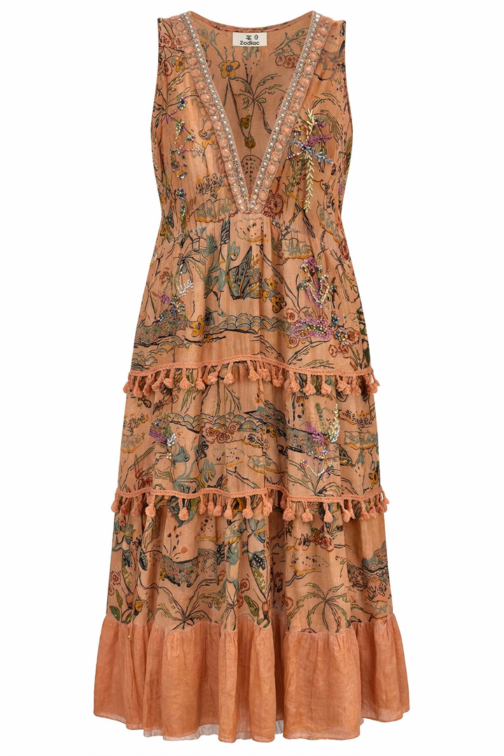 Printed Tassel Trim Midi Dress