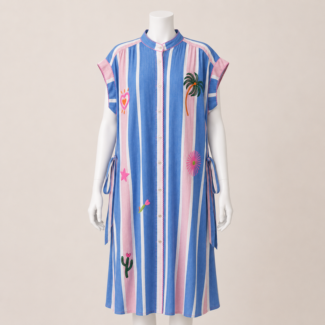 Embroidered Stripe Shirt Dress