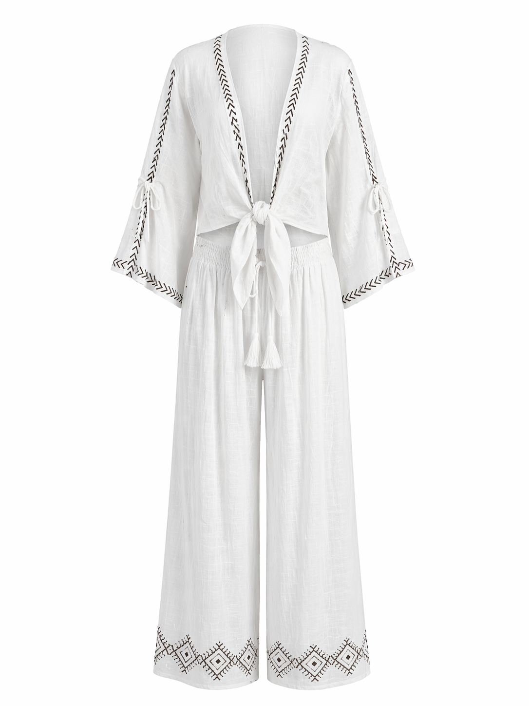 Tie Front Top with Pattern Trim Pants Set
