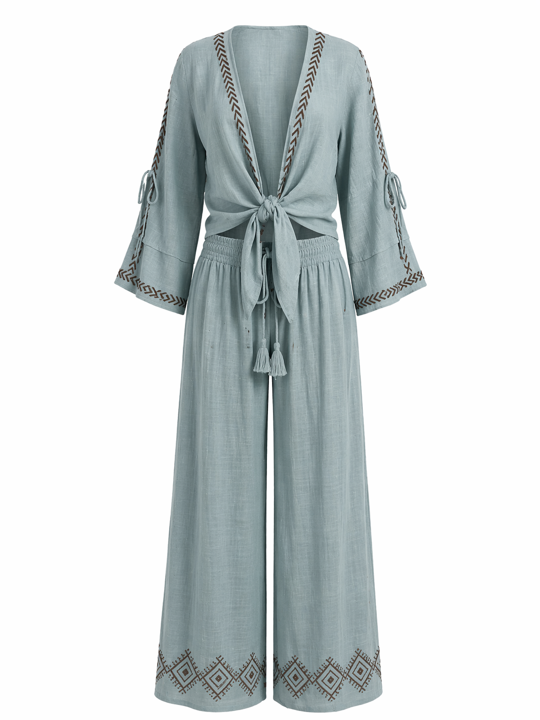 Tie Front Top with Pattern Trim Pants Set