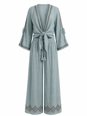 Tie Front Top with Pattern Trim Pants Set
