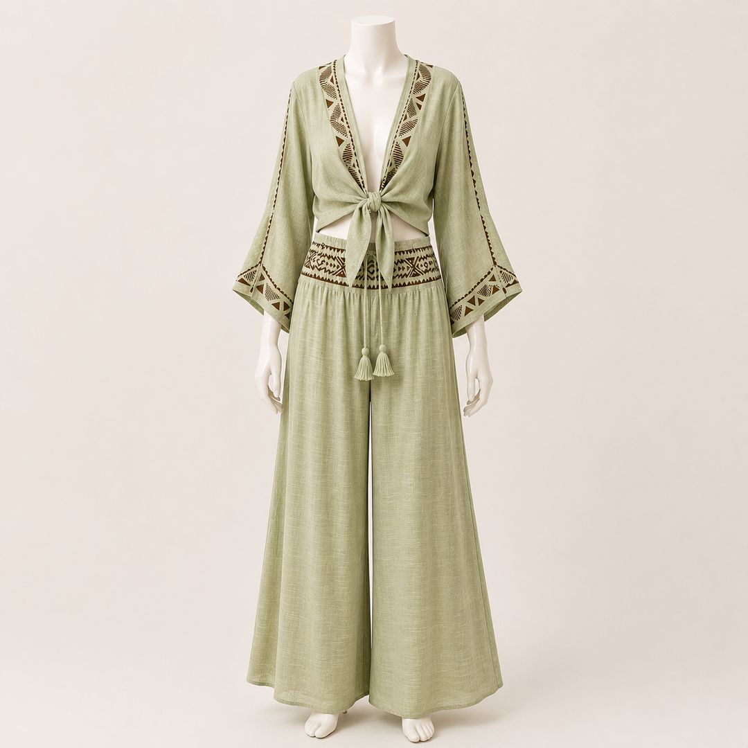 Tie Front Top with Waist Detail Pants Set