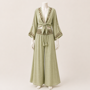 Tie Front Top with Waist Detail Pants Set