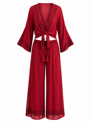 Tie Front Top with Pattern Hem Pants Set
