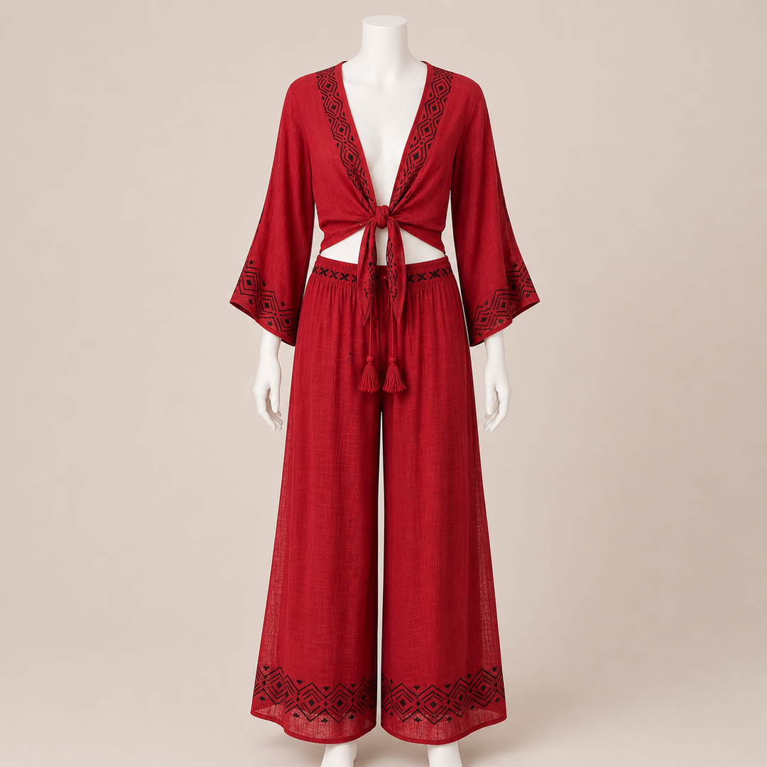 Tie Front Top with Pattern Hem Pants Set