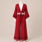 Tie Front Top with Pattern Hem Pants Set