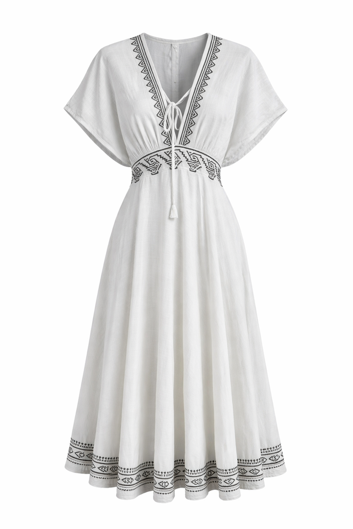Embroidered V-Neck Midi Dress