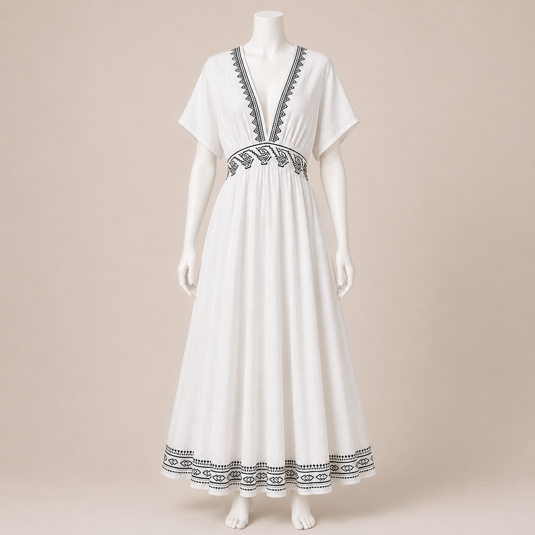 Embroidered V-Neck Midi Dress