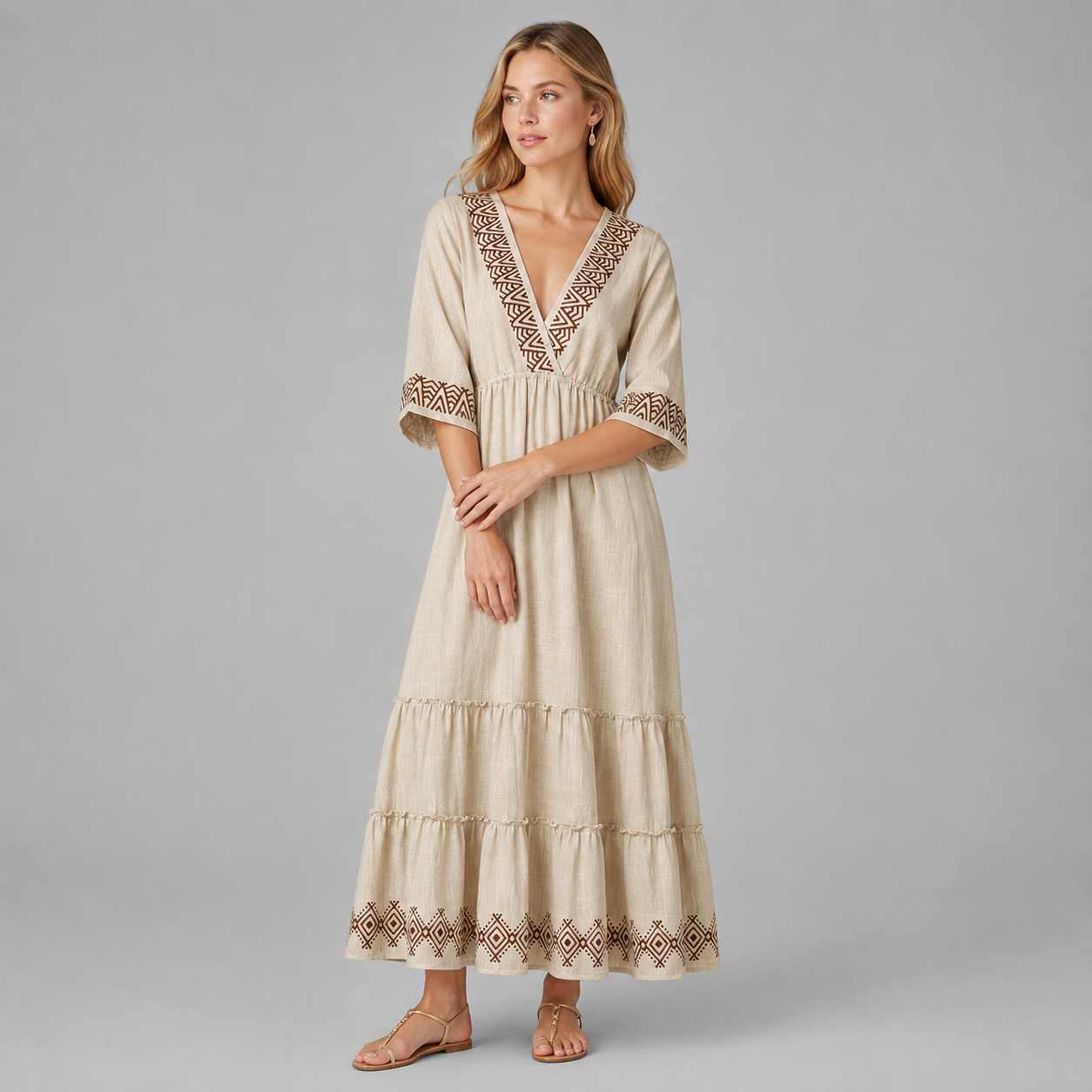 Women Tiered Embroidered Midi Dress