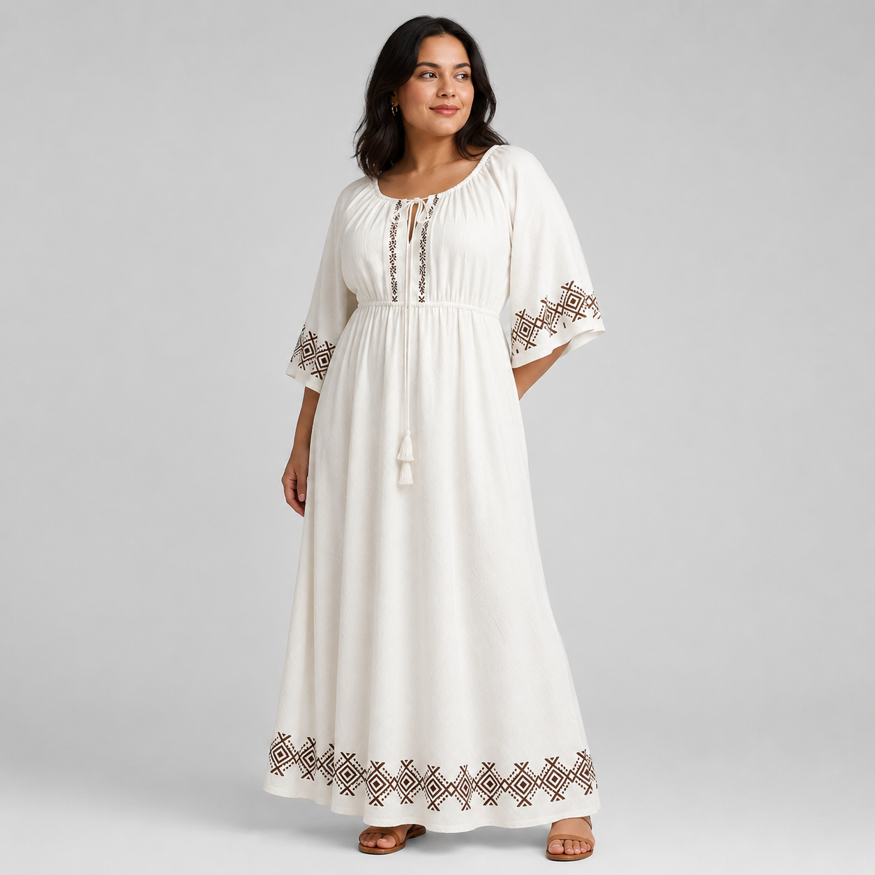 نسائي Drawstring Neck 3/4 كم ماكسي فستان