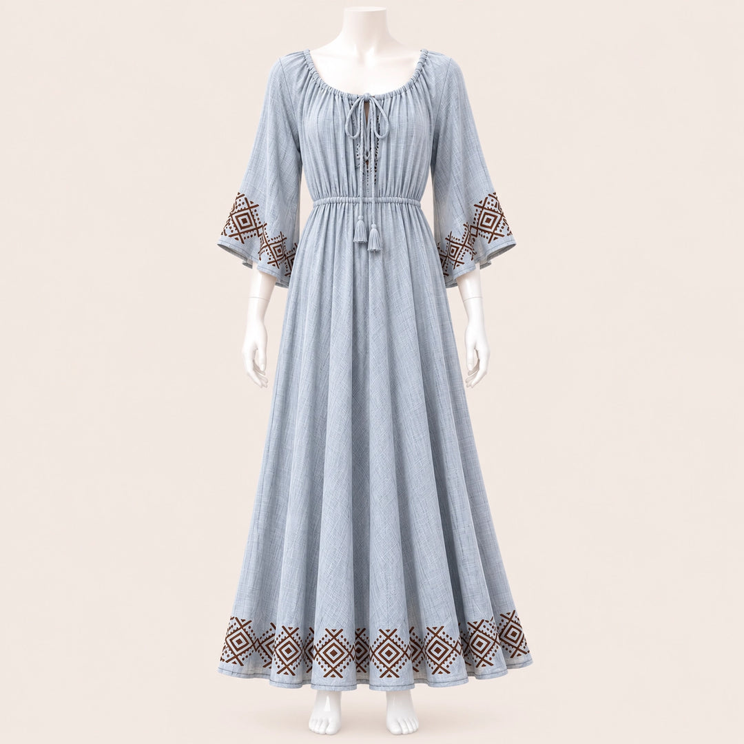 Women Drawstring Neck 3/4 Sleeve Maxi Dress