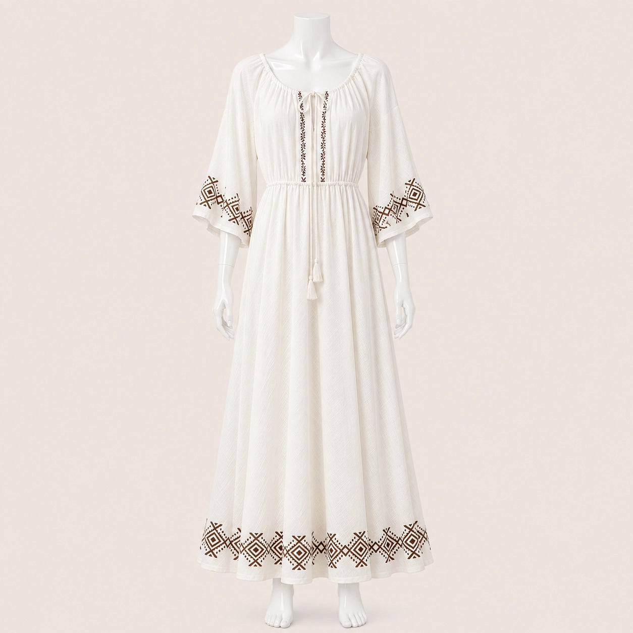 Women Drawstring Neck 3/4 Sleeve Maxi Dress
