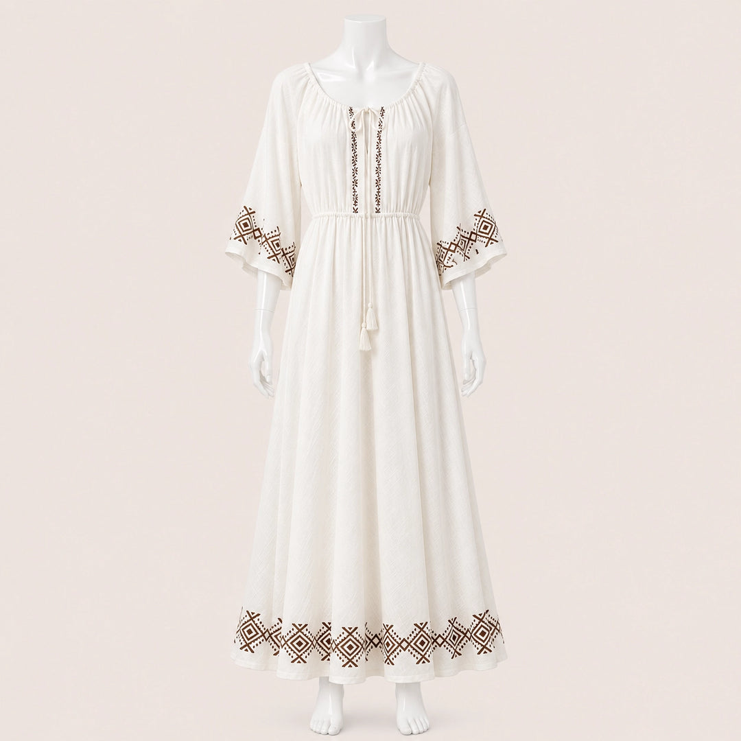 Women Drawstring Neck 3/4 Sleeve Maxi Dress