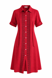 Embroidered Button-Front Shirt Dress