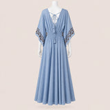 Women Wide Sleeve Drawstring Maxi Dress