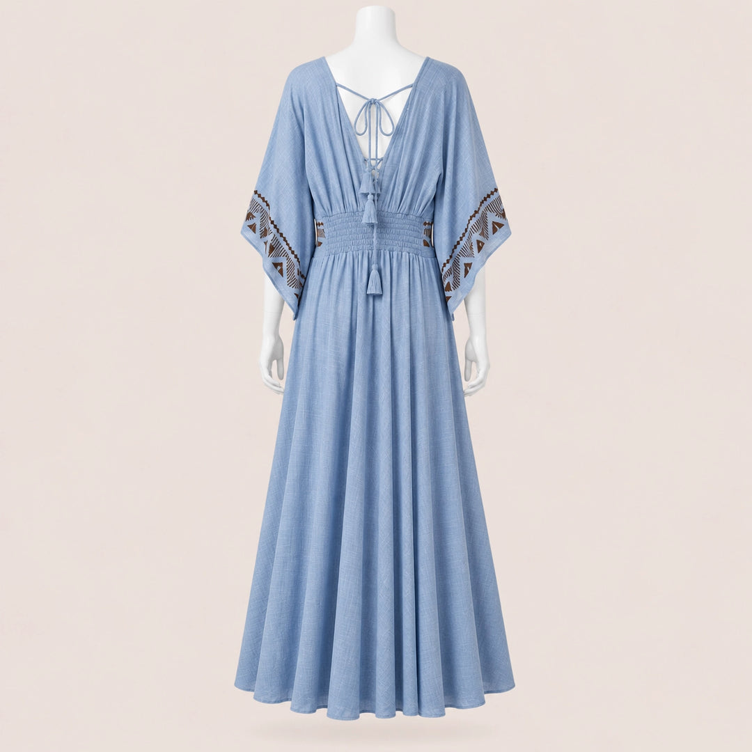 Women Wide Sleeve Drawstring Maxi Dress