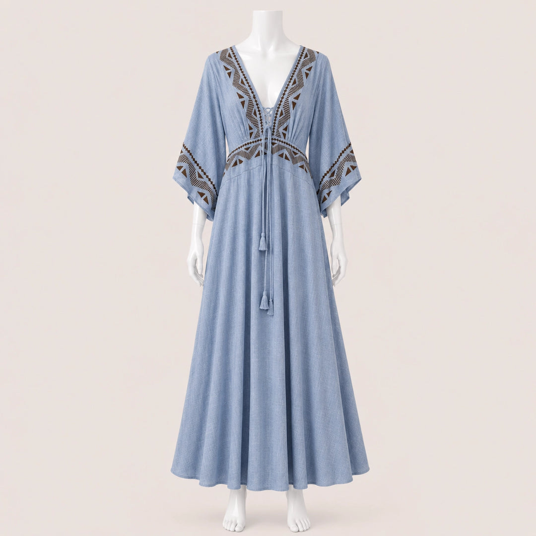 Women Wide Sleeve Drawstring Maxi Dress