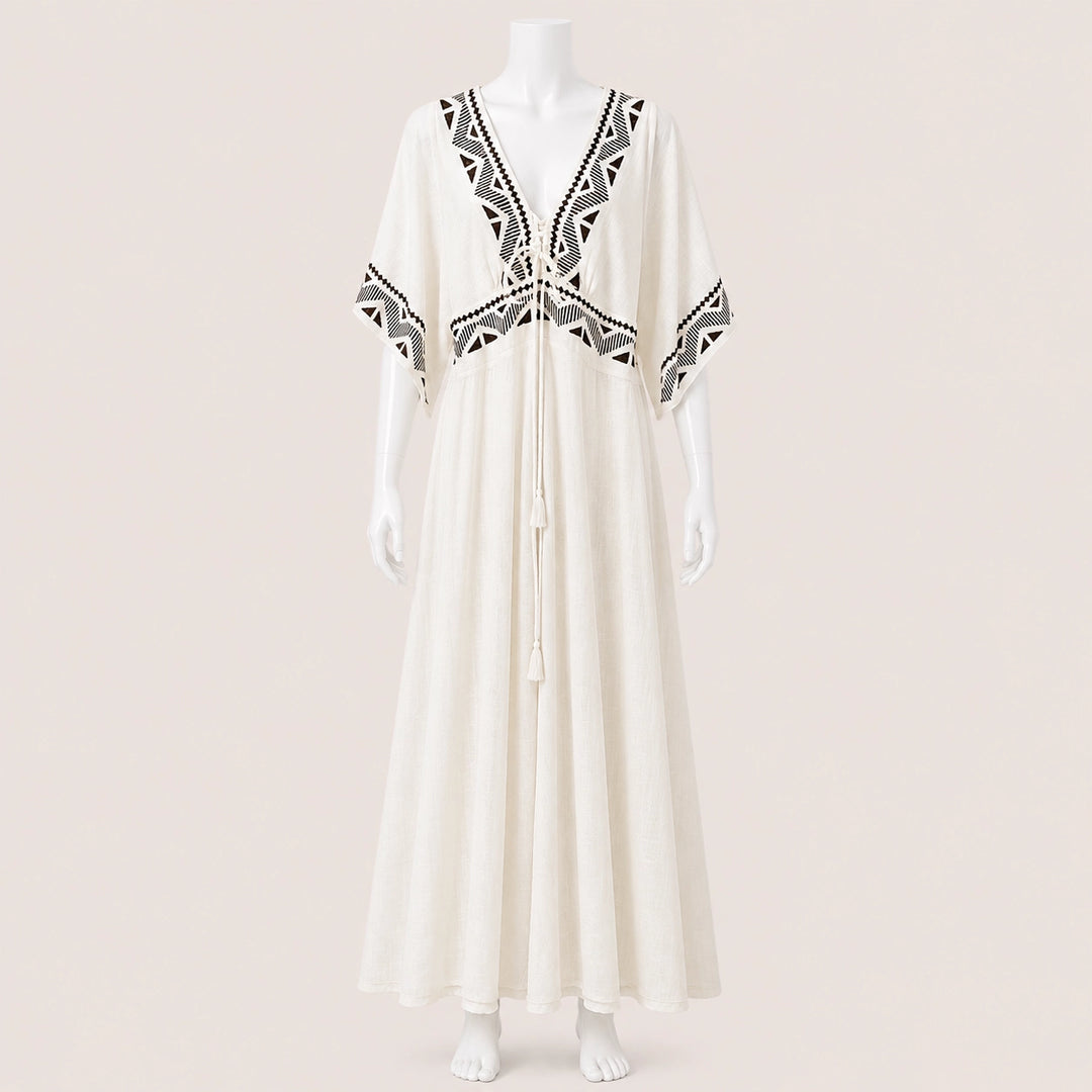 Women Wide Sleeve Drawstring Maxi Dress
