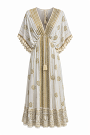 Embroidered Tassel Tie Midi Dress