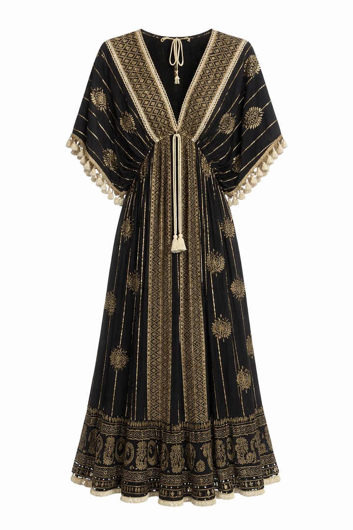 Embroidered Tassel Tie Midi Dress