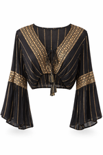 Load image into Gallery viewer, Tie Front Crop Top with Wide Sleeves