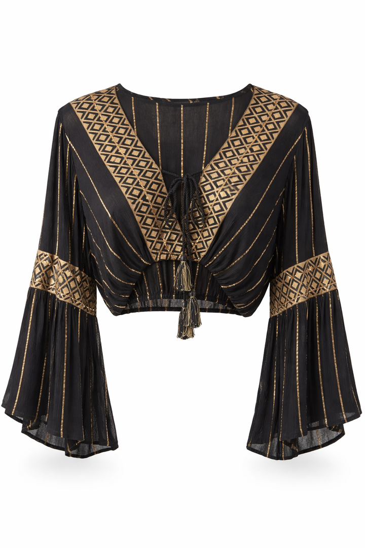 Tie Front Crop Top with Wide Sleeves