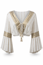 Load image into Gallery viewer, Tie Front Crop Top with Wide Sleeves