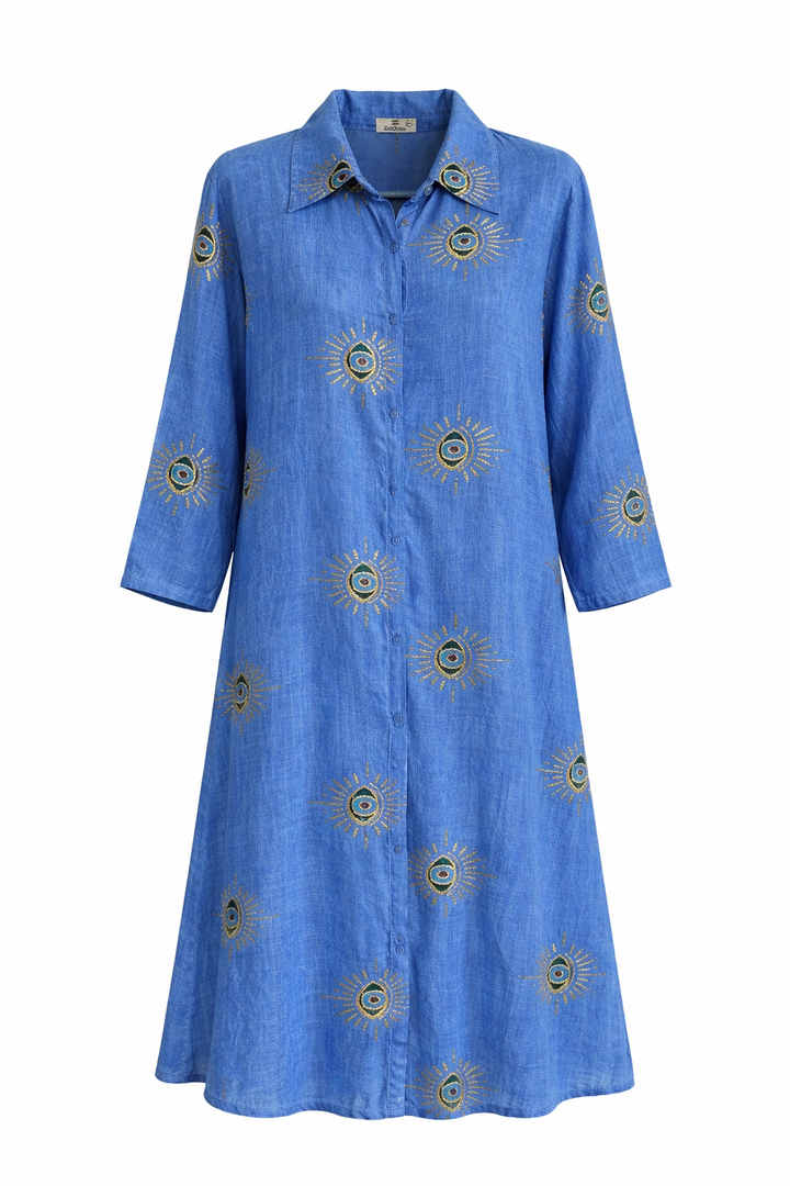 Embroidered Eye Print Shirt Dress
