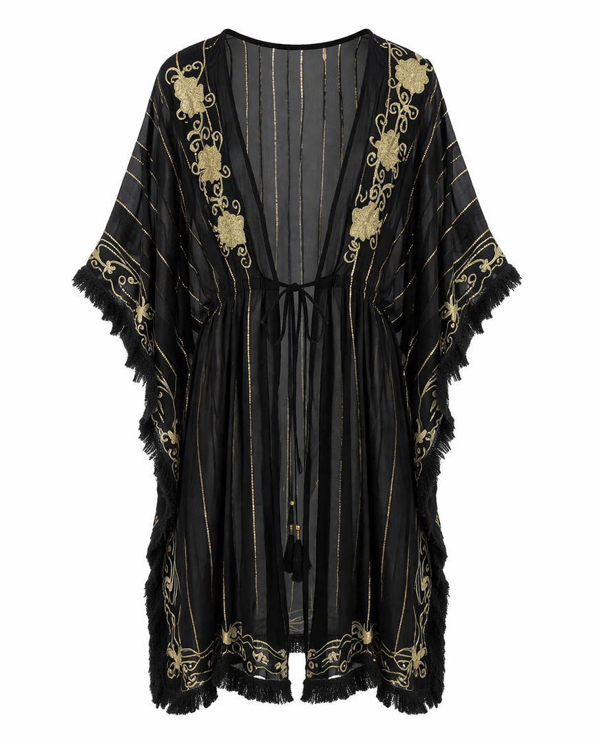 Fringe Trim Tie Front Kaftan