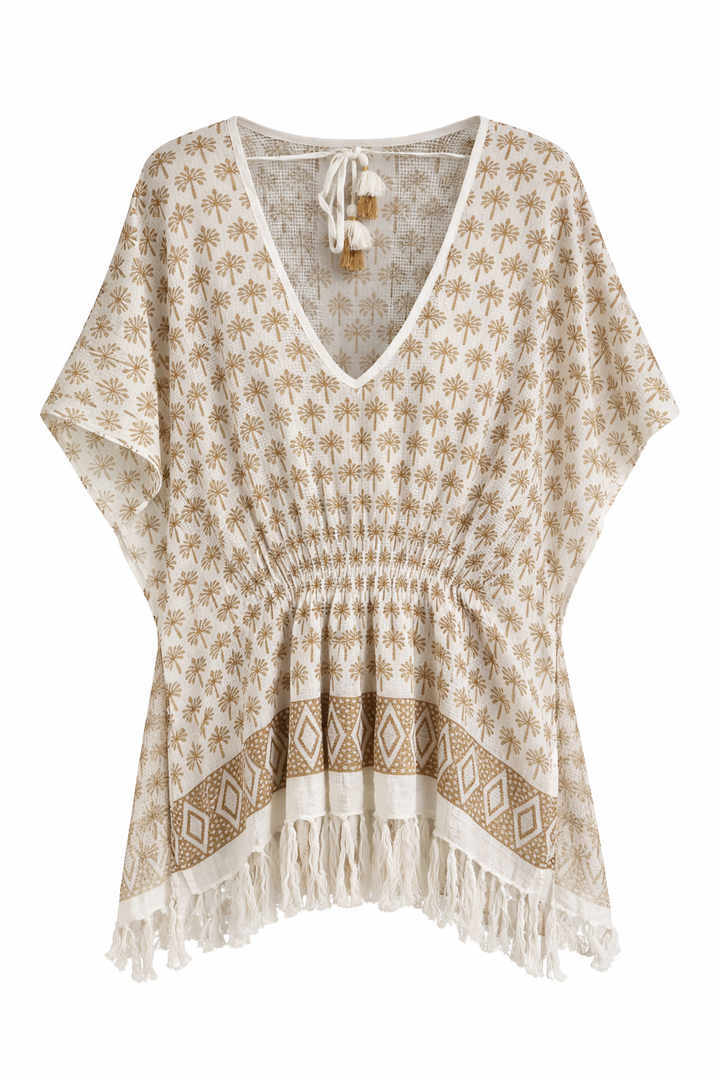 Fringe Trim Printed Poncho
