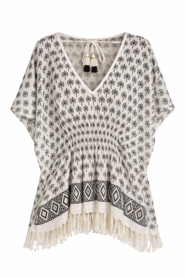 Fringe Trim Printed Poncho