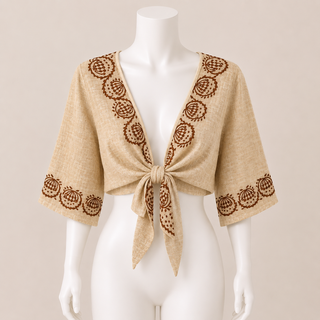 Pattern Trim Tie Front Top