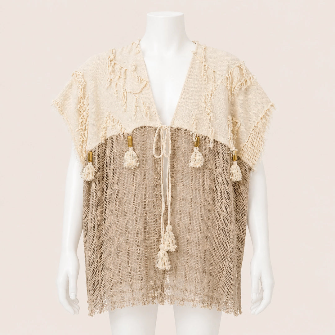 Kids Mesh Panel Tassel Poncho
